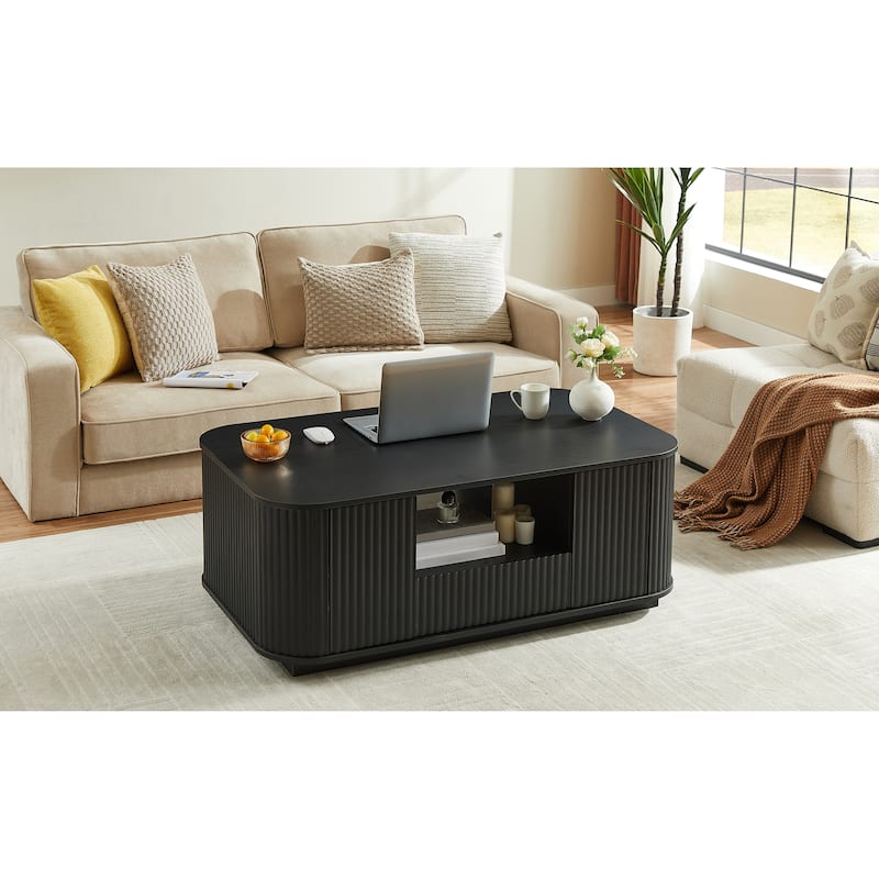 46.5 inch Modern Luxury Oval Coffee Table with Drawers Storage Curved Design Black Living Room Office