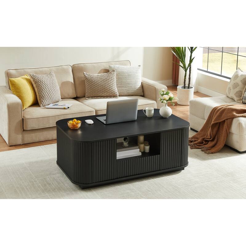Rustic Coffee Table Office Table with Two Storage Drawers, Wood Wavy Curved Center Table End Table with Open Shelf