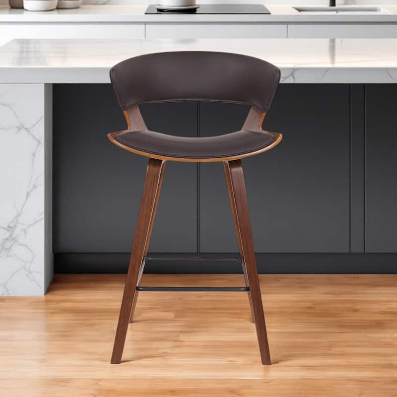 Brown Faux Leather Saddle Counter Height Bar Chair with Iron Frame and Footrest - 20.5” x 21” x 36” (D x W x H)
