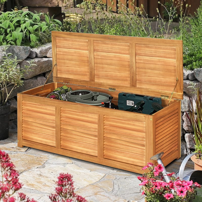 Gymax Acacia Wood Deck Box 47 Gallon Garden Backyard Storage Bench - Nature