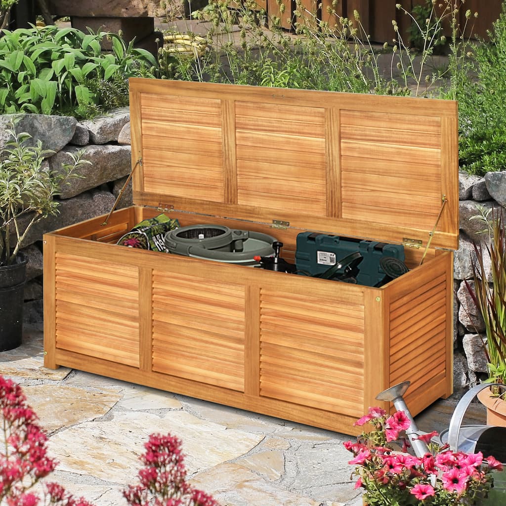 Gymax Acacia Wood Deck Box 47 Gallon Garden Backyard Storage Bench