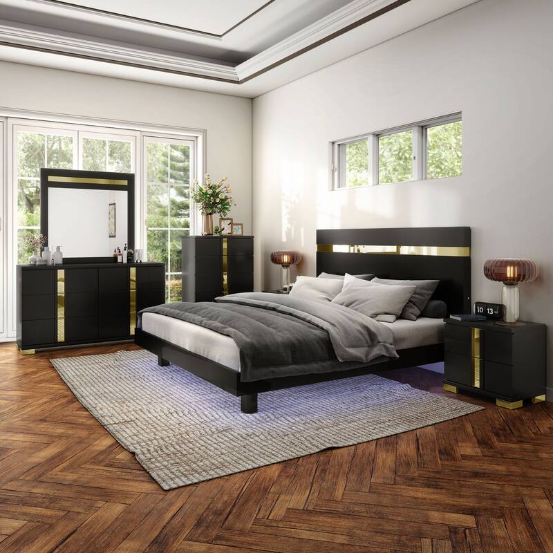 Furniture of America Halifax Modern 6-Piece Wood Platform Bedroom Set with Underbed LED
