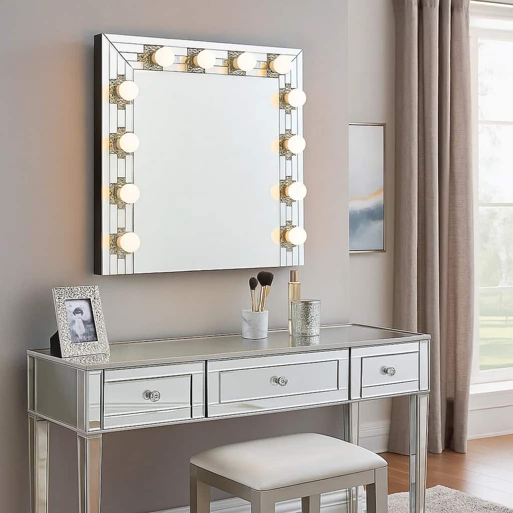 Zaff 32 Inch Modern Glam Lighted Mirror, 12 Sockets, Faux Diamonds, Silver