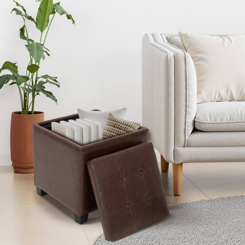 ​18" Square Storage Ottoman with Tray - 250LBS Weight Capacity, Leather Upholstered Footstool for Living Room
