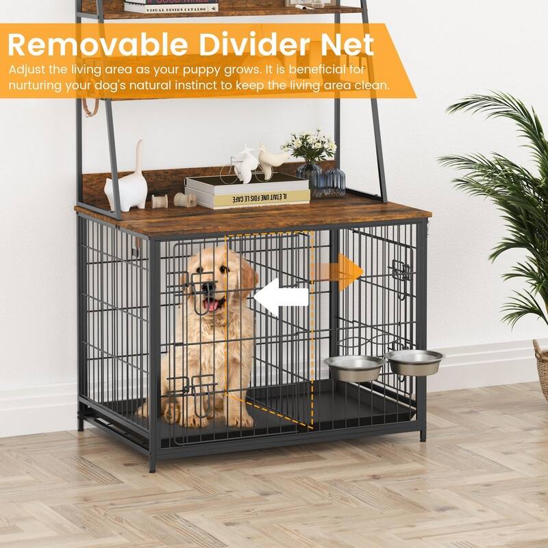 37.4 in Wooden Dog Crate Furniture FlipTop Kennel with 3 Storage Shelves and Bowls