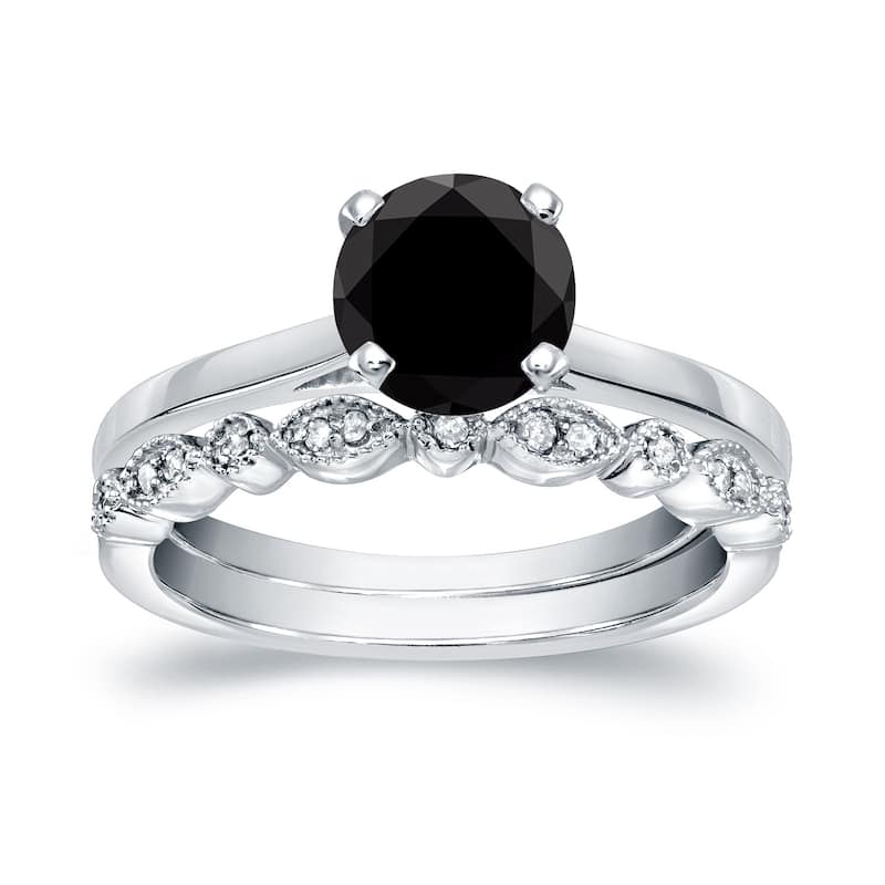 Auriya 14k Gold 1ctw Vintage Solitaire Black Diamond Engagement Ring Set - White - 8.5
