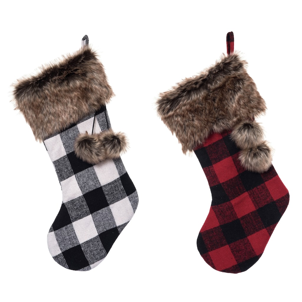 Transpac Fabric Check & Faux Fur Stocking Set of 2 Christmas Home Decorations