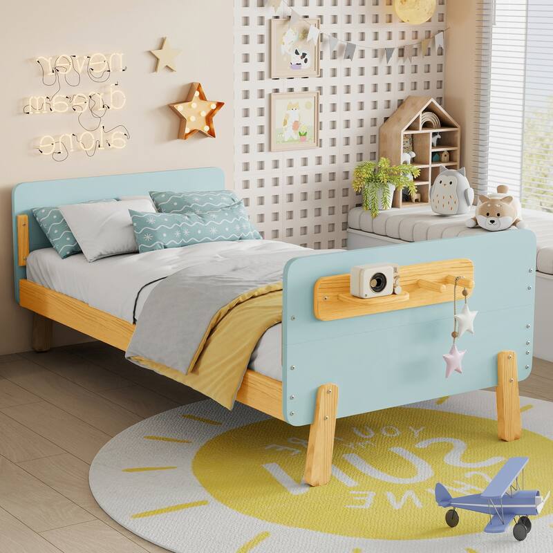 Kids Wood Platform Bed with Guardrails, Bottle Holder and 2 Hanging Rod, Convertible Toddler Daybed, Low Profile Design Frame