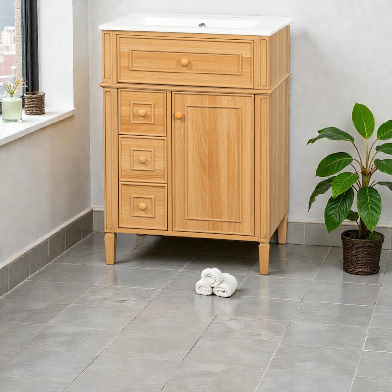 24" Bathroom Vanity with Ceramic Sink, Wood Cabinet with Flip-Out Drawer, Soft-Close Drawers and Door