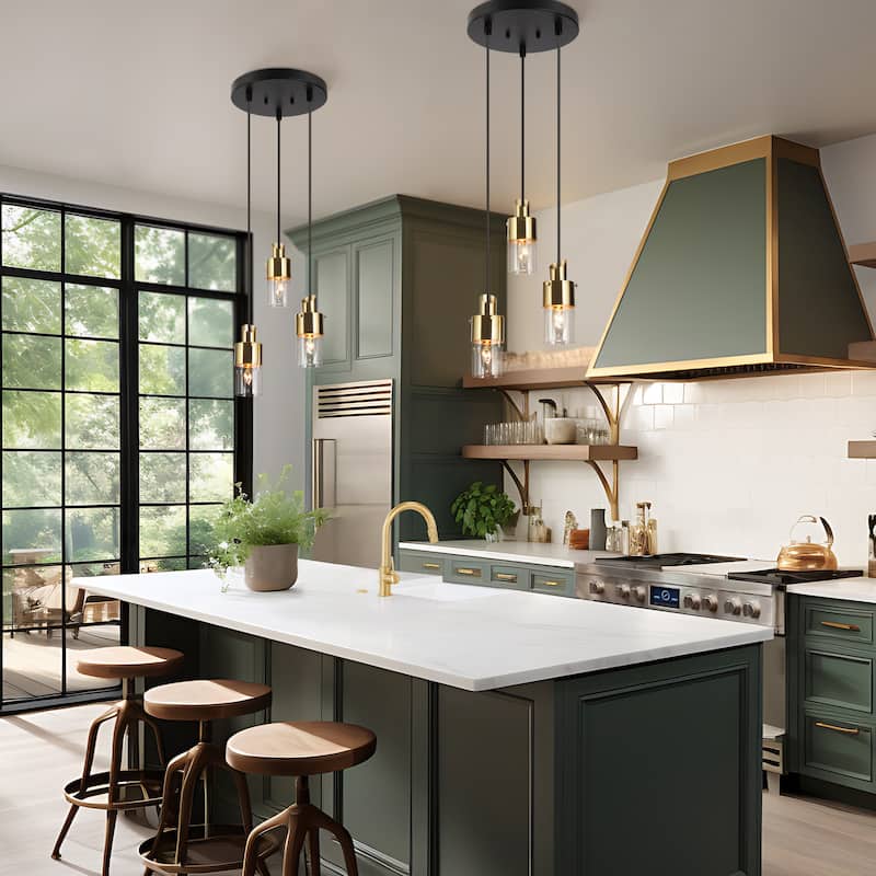 Hartwin Modern 3/5-Light Black Gold Chandelier Cylinder Glass Pendant Lights for Kitchen Island