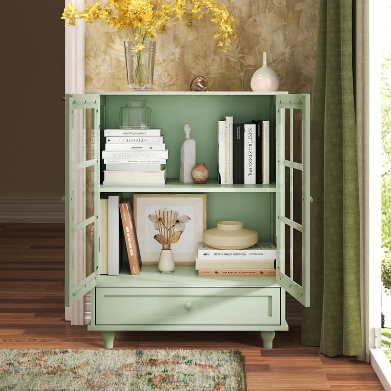 Modern Buffet Cabinet with Adjustable Shelves and Display Glass Doors for Versatile Living Room Storage