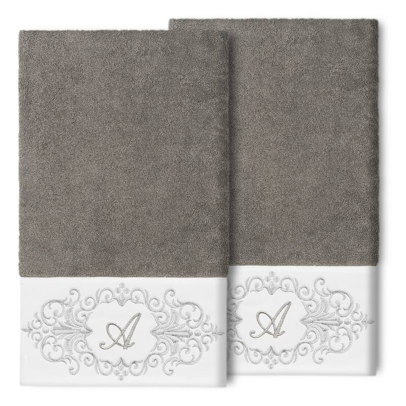 Authentic Hotel and Spa 100% Turkish Cotton Monica 2PC Embellished Bath Towel Set - A - Dark Gray