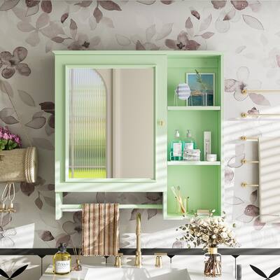 Wall Mounted Bathroom Storage Cabinet Medicine Cabinets with Large Mirror Door, Adjustable Shelves, 3 Open Storage Levels Green