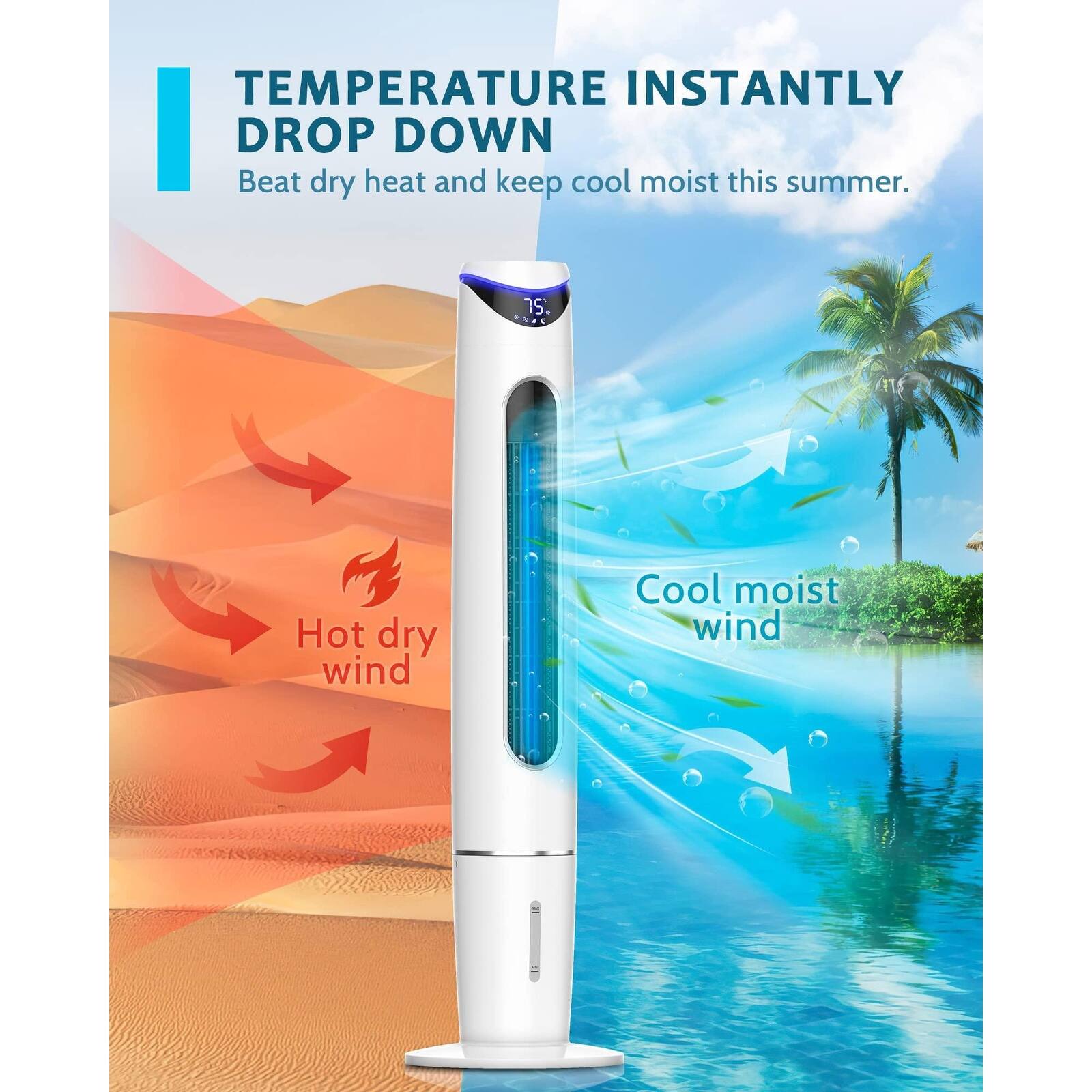 46'' Swamp Cooler with Remote, GOcean Air Cooler Fan with Night Light, 8H Timer, Oscillating