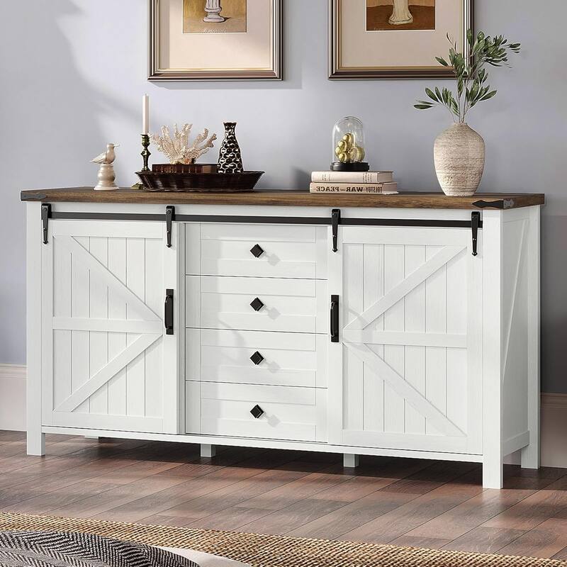 Farmhouse 4 Drawer Dresser for Bedroom, 59" Wood Dressers with Sliding Barn Doors - Brown