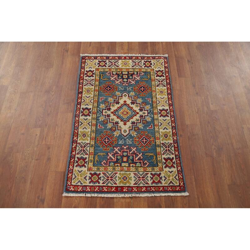 Hand Knotted Oriental 100% Wool Carpet Traditional Geometric Navy Blue & Blues Kazak Area Rug - 3' 0'' X 2' 0''