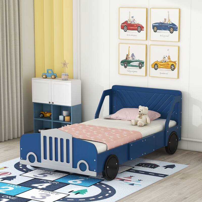Twin Size Car-Shaped Platform Bed with Wheels in Blue, Sturdy and Safe Design - Blue