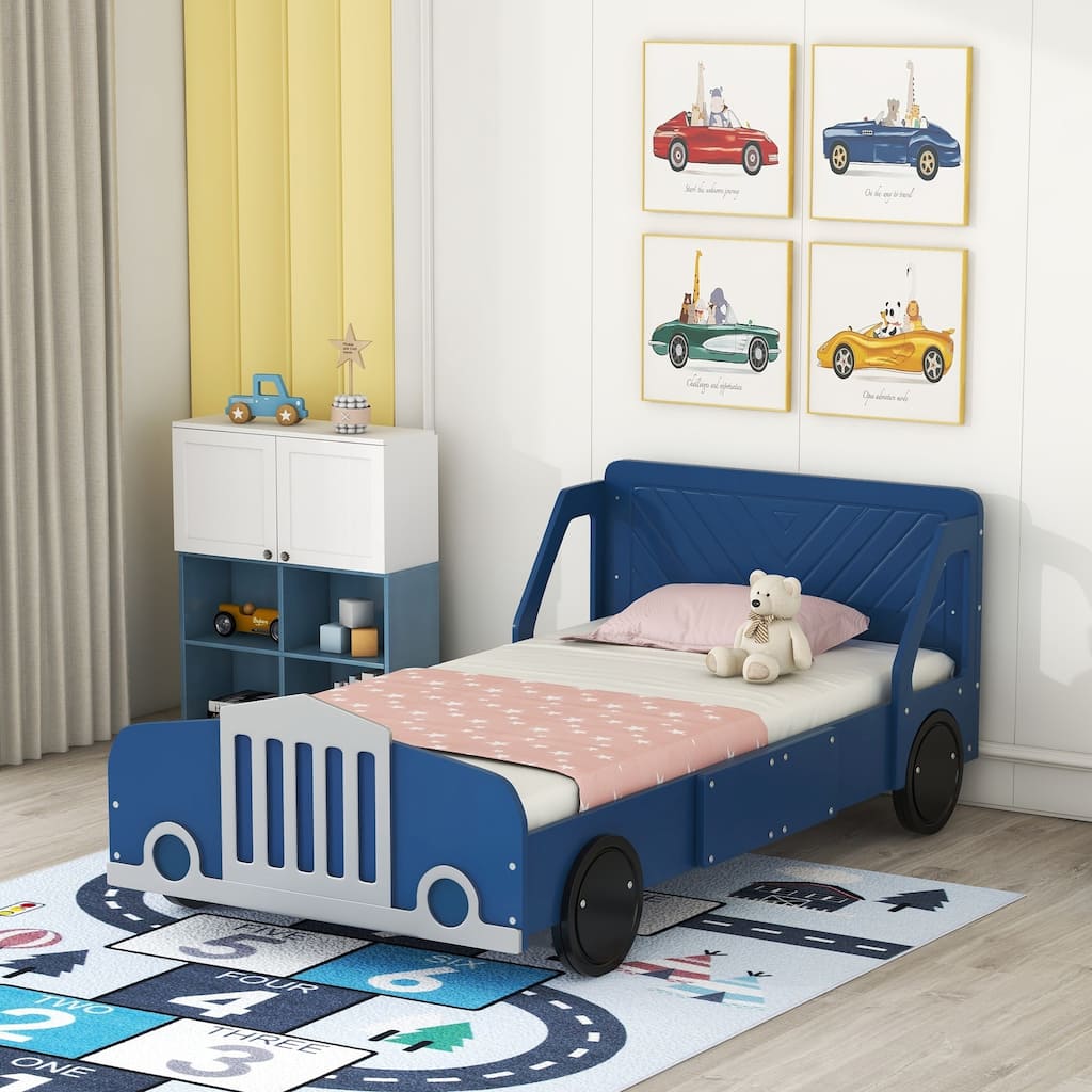 Twin Size Car-Shaped Platform Bed with Wheels in Blue, Sturdy and Safe Design