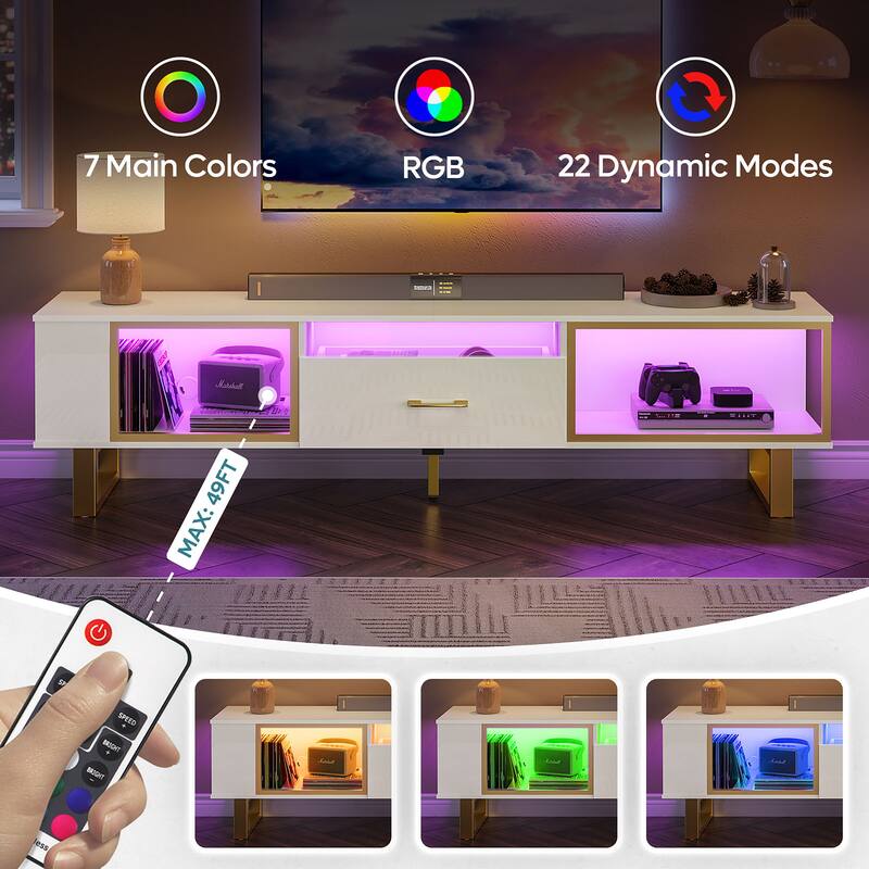 70" Led TV Stand for 75/80 inch TV, Glossy Media Console with Half-Glass Drawer