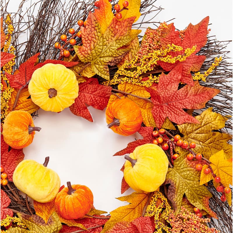 22" Pumpkin & Maple Leaf Fall Wreath on Twig Base - 22