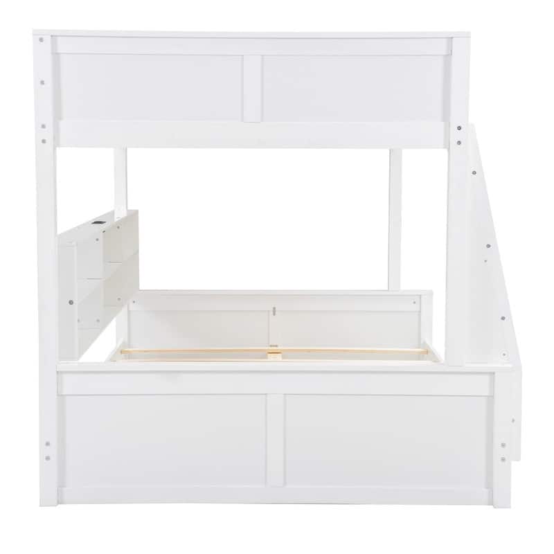 Twin XL / Full XL over Queen Bunk Bed with Open Cabinets and Charging Station, Storage Kids Bed Frame with Ladder