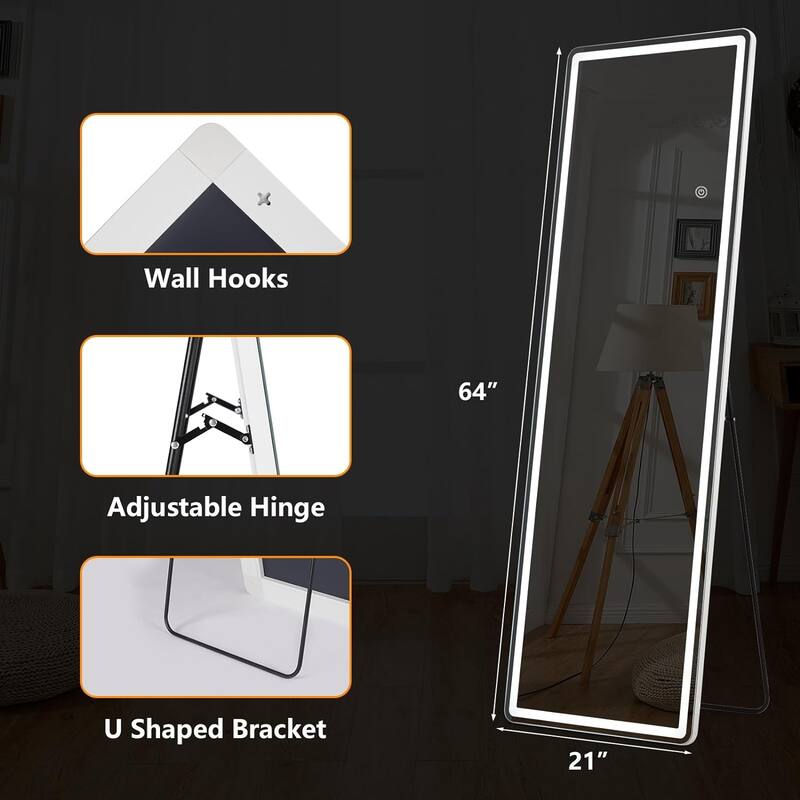 Floor Mirror with LED Light, 64" x 21" Full Length Mirror with Stand, Hanging Mirror Wall Mounted Mirror Full Body Mirror