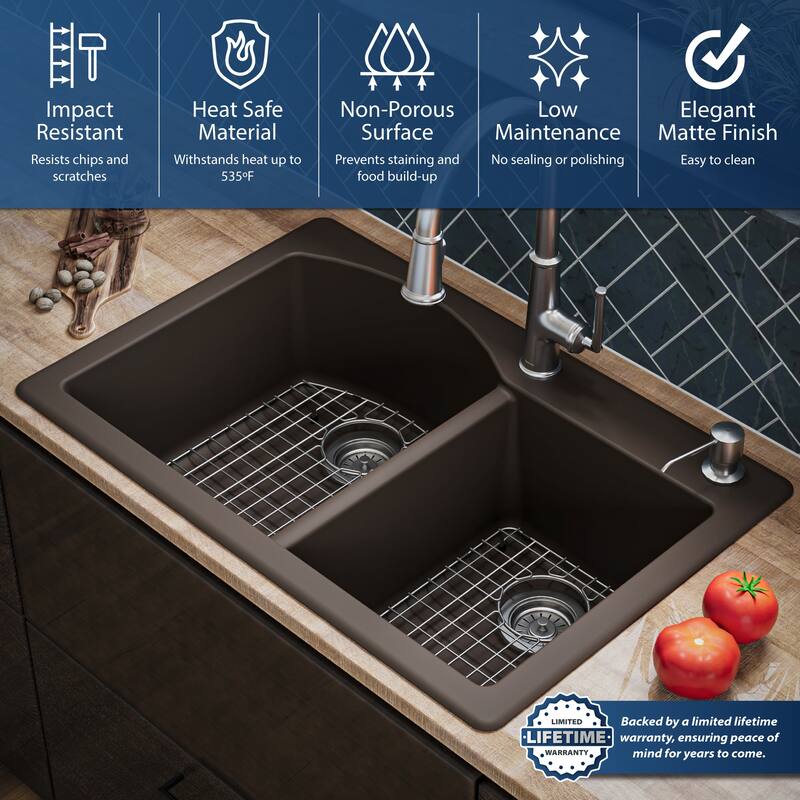Karran Drop-In Quartz 33 in. 1-Hole 60/40 Double Bowl Kitchen Sink Kit