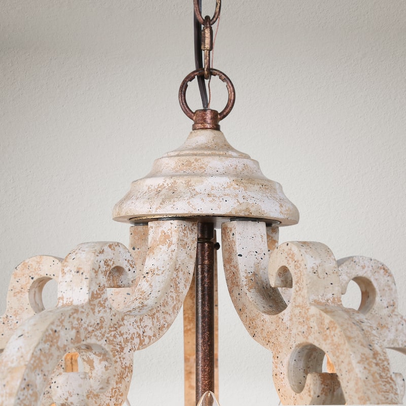 Modern Farmhouse 3-Light Distressed Off-White Wood Orb Chandelier for Dining Room - D15.5"x H 19"