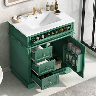 Solid Wood Frame Single Sink Bathroom Vanity Cabinet, 30 Inch Undermount Bathroom Ceramic Sink Cabinet with Storage, Green