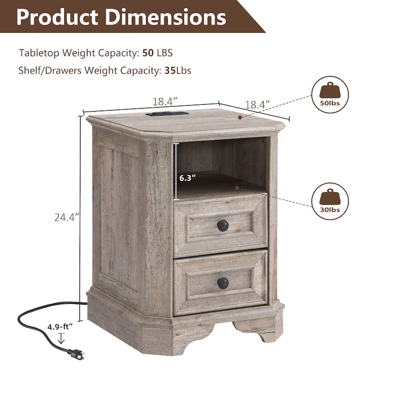 Farmhouse Nightstand with Charging Station, Beside Table for Bedroom