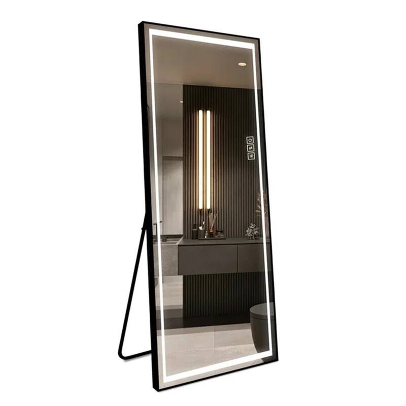 64'' x 21'' Rectangle Black Framed Full Length Mirror with Dimmable LED Light Freestanding or Wall Hang
