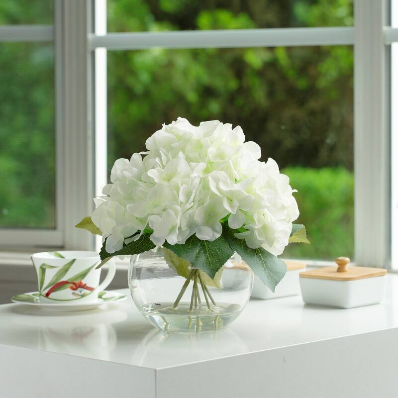 Hydrangea Artificial Flowers in Round Glass Vase with Faux Water, Silk Flower Arrangements in Vase for Home Decor, Wedding Table