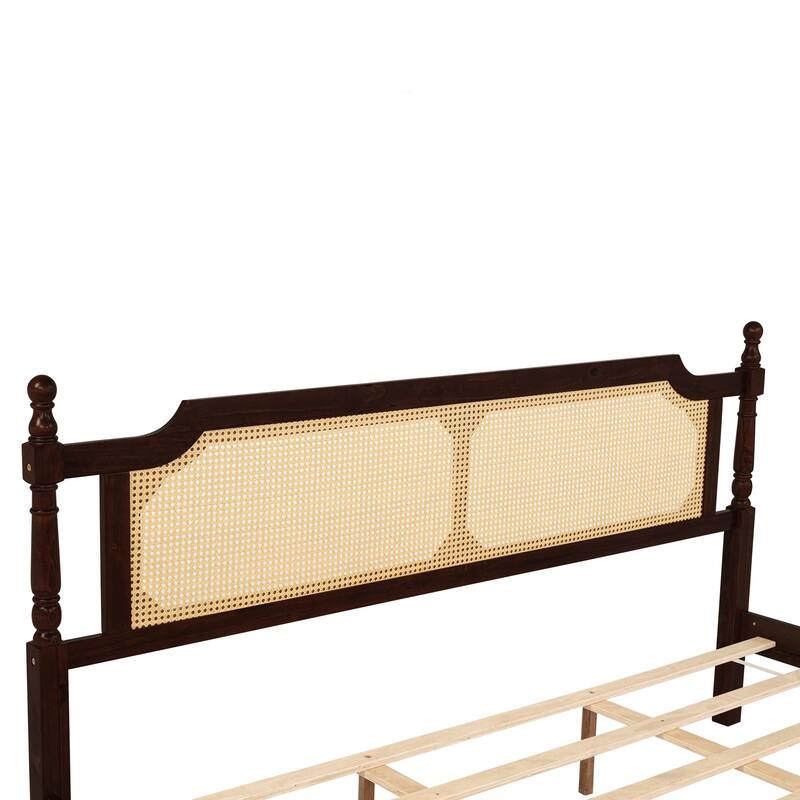 King Pine wooden Bed with Rattan Headboard and Footboard, with Central Enhanced Bed Platform
