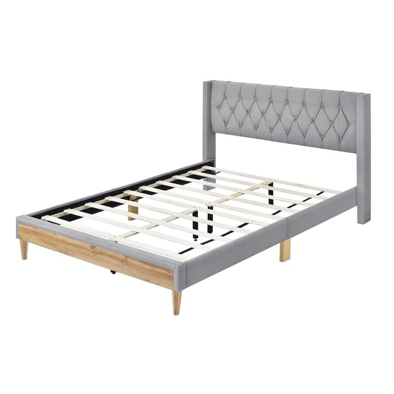 Upholstered Platform Bed with Rubber Wood Legs, No Box Spring Needed