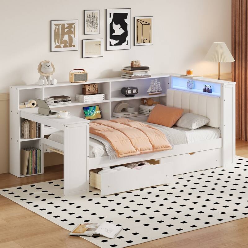 Twin/Full Size Storage Platform Bed w/ Shelves & Drawers, Wooden Daybed w/ Upholstered Headboard, Charging Station & Light - Twin - White