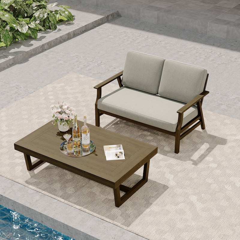 Modern Wood Outdoor Patio Sofa Loveseat with Cushion