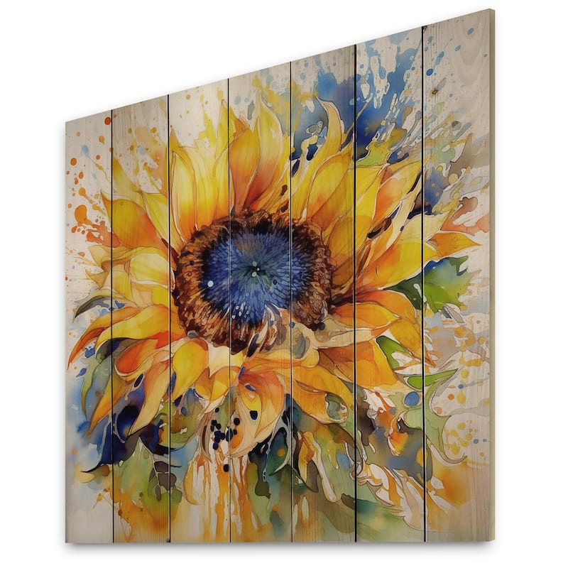 Designart "Yellow Blue Golden Cheerful Sunflowers" Floral Print on Natural Pine Wood