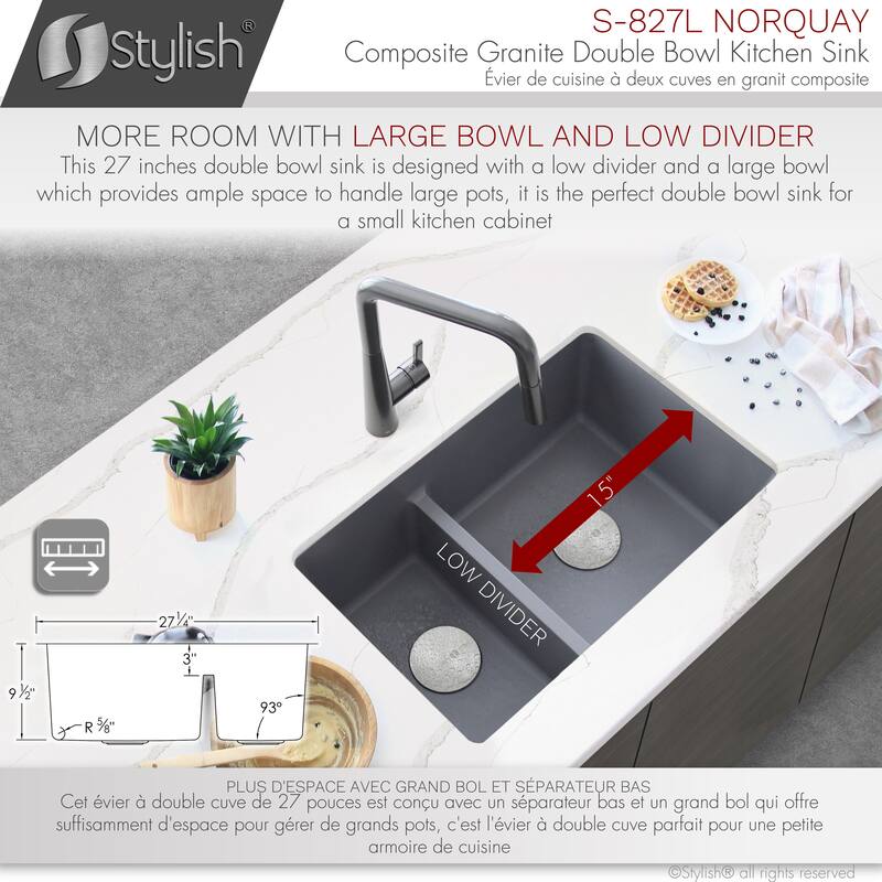 STYLISH 27 inches L x 18 inches W Double Bowl 60/40 Dual Mount Composite Granite Kitchen Sink - 27" x 18" x 9.5"
