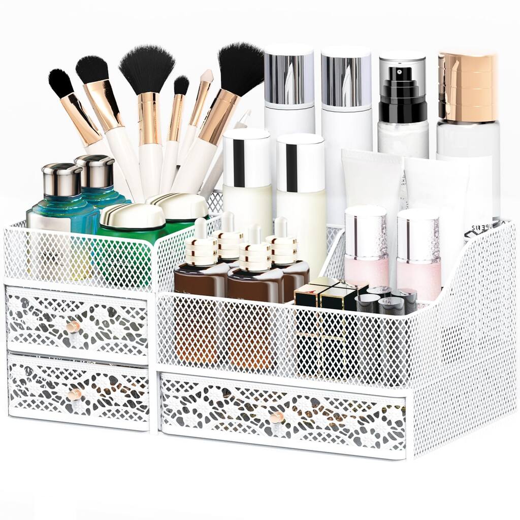 Makeup Organizer for Vanity, Metal Makeup Organizers and Storage, Large Capacity Vanity Organizers Desk Organizers with Drawers