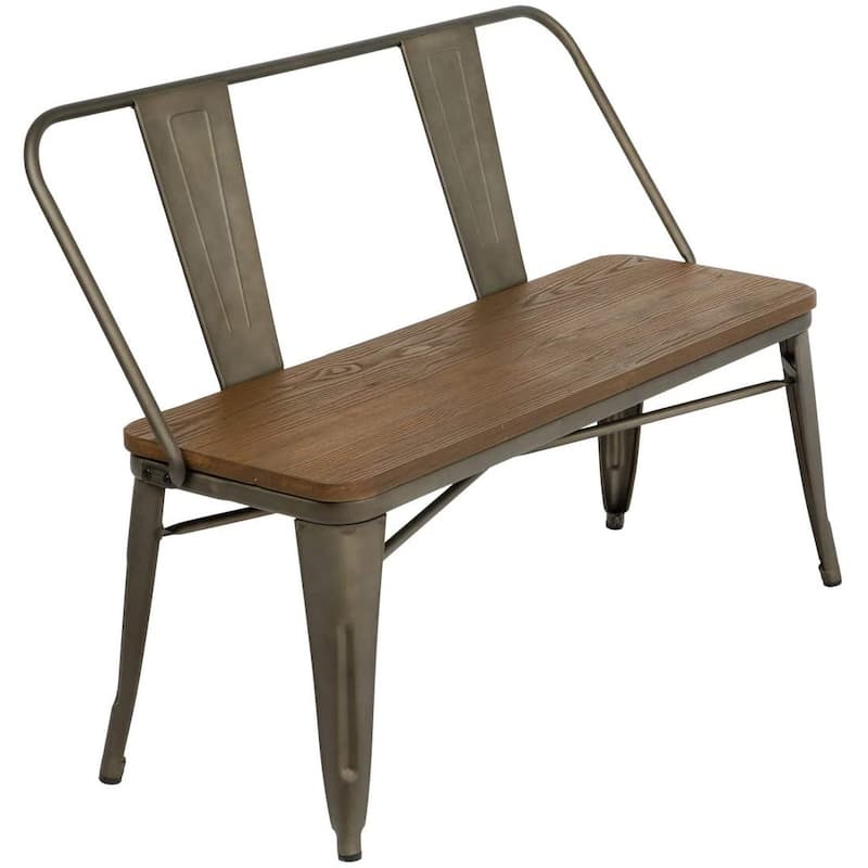 Dining Bench, Entryway Bench with Back, Farmhouse Metal Dining Bench, Industrial Mid-Century 3 Person Bench, Wood Seat - Copper
