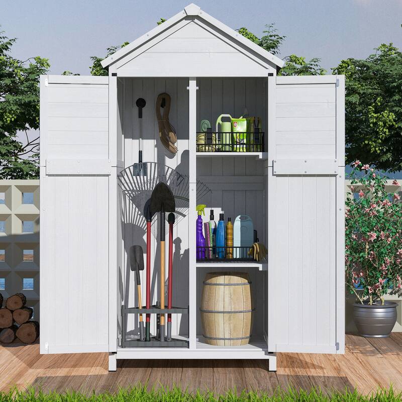 "67"" White Fir Wood Storage Shed with Double Doors for Tools, Equipment, and Backyard Organization " - N/A