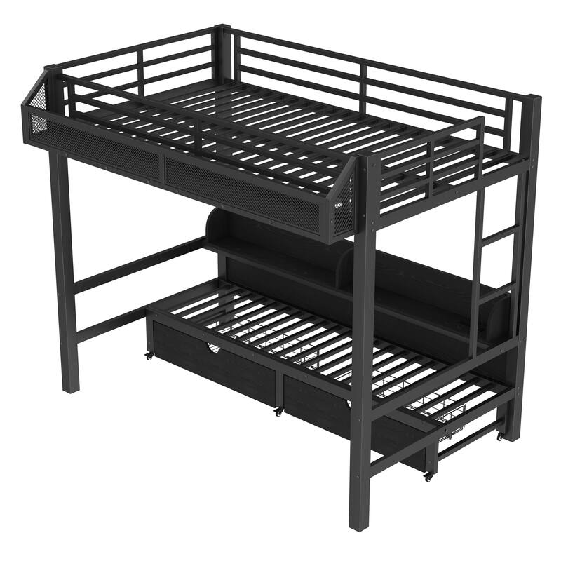 Twin XL over Twin XL Bunk Bed with Lower Bed Converted into Sofa, USB Ports, LED Lights, Storage Shelves and Underbed Drawers