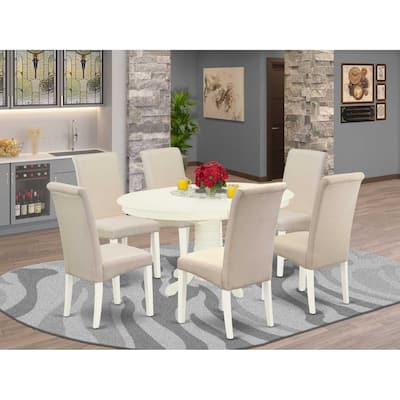HomeStock 7-Piece Oval Linen White Finish Solid Wood Top Dining Table with 6 Parson-Chairs with Butterfly Leaf Lattice Back