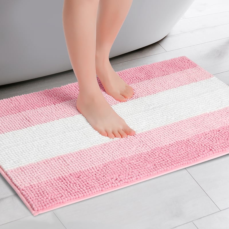 Bathroom Rug, Extra Soft and Absorbent Chenille Bath Rug Fluffy Striped Bath Mat with Non Sllip Backing Floor Mat - Pink
