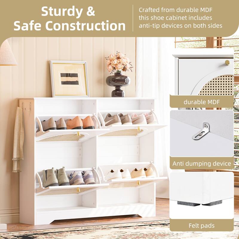 Tipping Bucket Shoe Cabinet with 4 Flip Drawers,Rattan Doors,Hooks