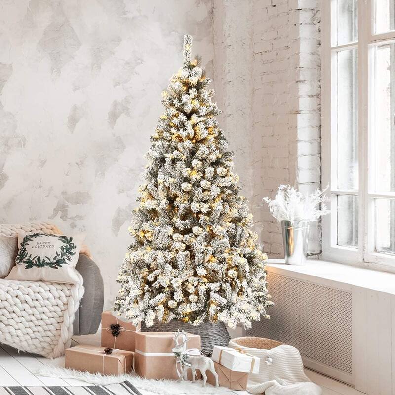 Gymax 6/7.5/9 FT Pre-Lit Christmas Tree Snow Flocked Hinged Pine Tree