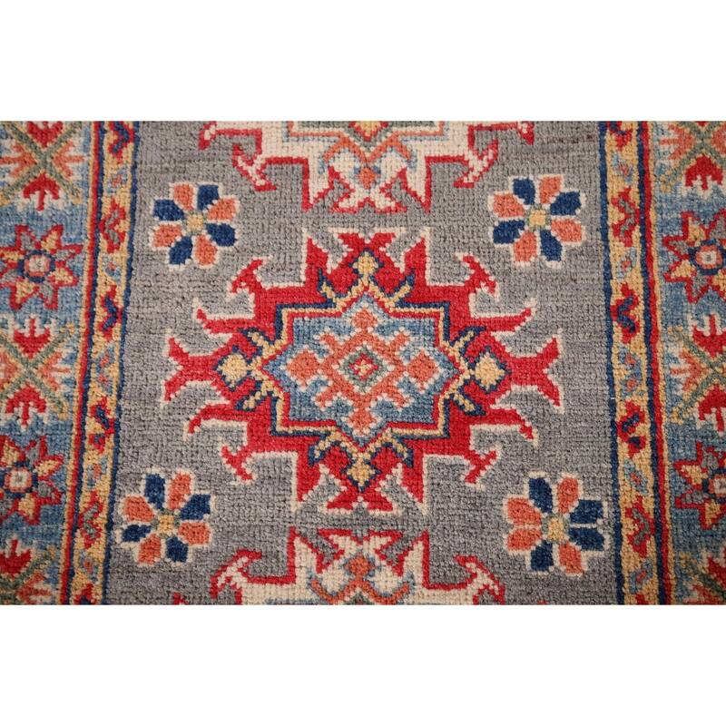 Gray Geometric Kazak Oriental Foyer Rug Hand-Knotted Wool Carpet - 2'0" x 3'0"