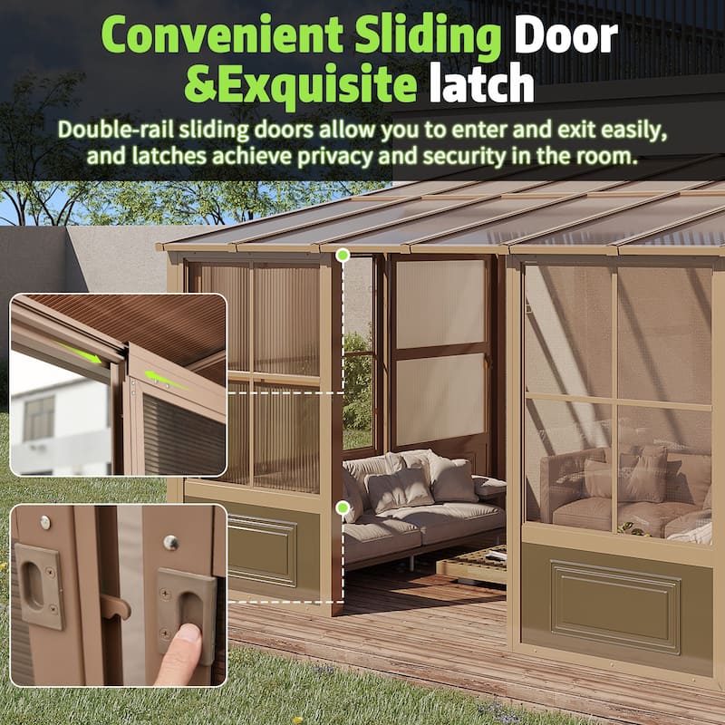 Erommy Outdoor Solarium Sunroom, Patio Hardtop Gazebo, Aluminum Frame Permanent Gazebo with Sliding Doors and Screens