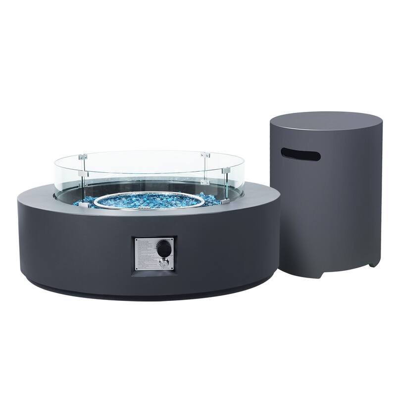 Patio Watcher 42in. Outdoor Round Magnesium Oxide Fire Pit Table with Gas Tank Cover and Wind Guard