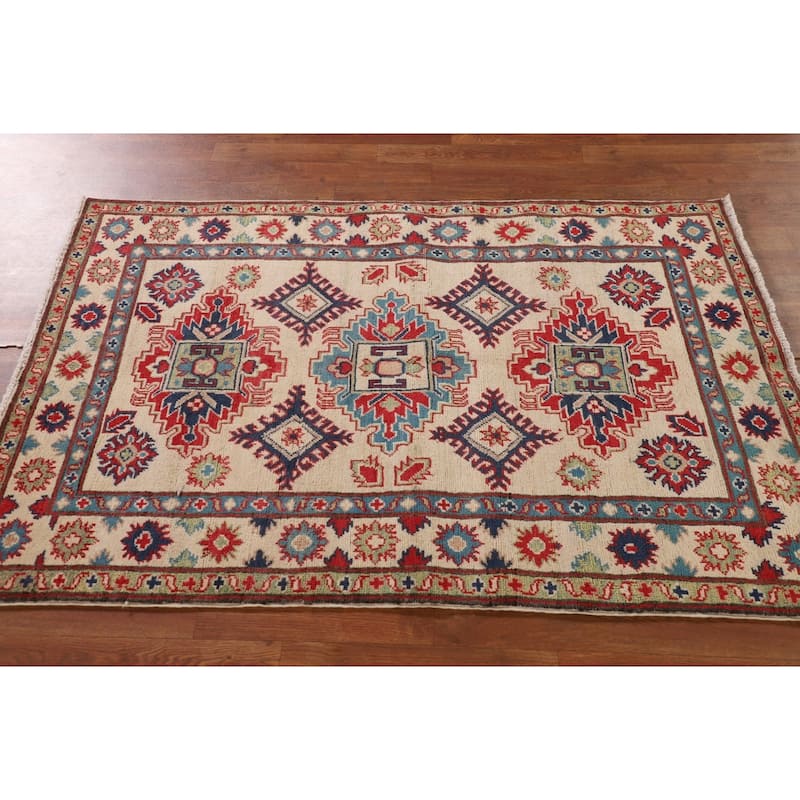 Beige / Ivory Kazak Oriental Accent Rug Handmade Wool Carpet - 3'6"x 5'2"